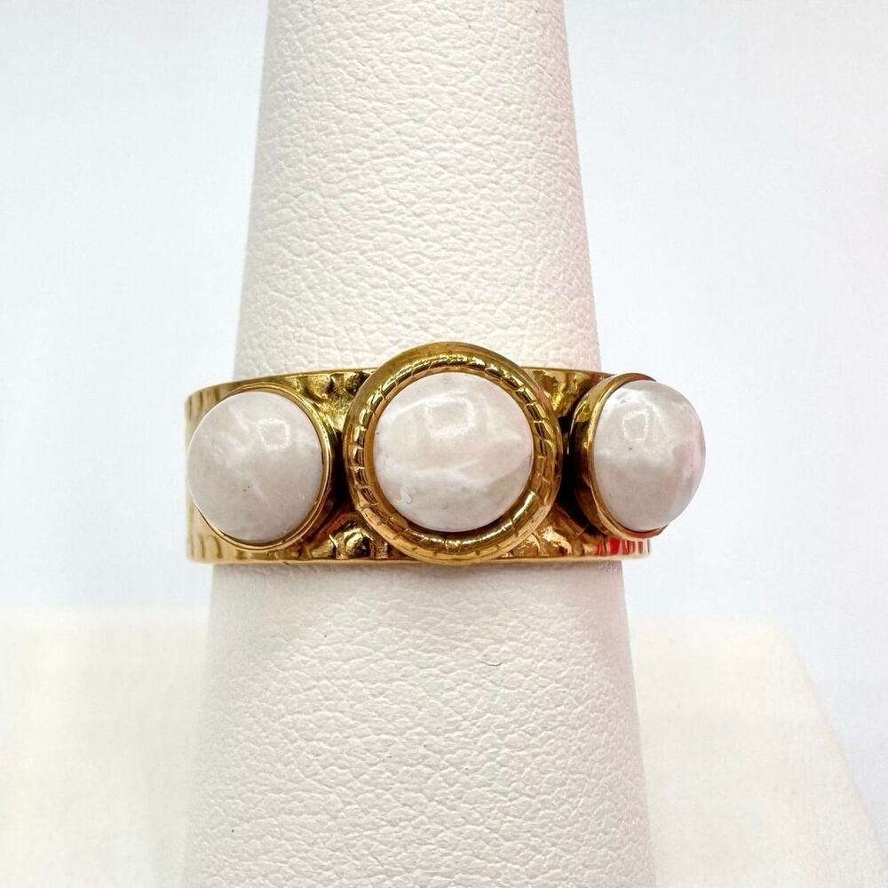 Etruscan Style Hammered Wide Cuff Ring White Cabochons Gold Tone Boho Size 9 1/4